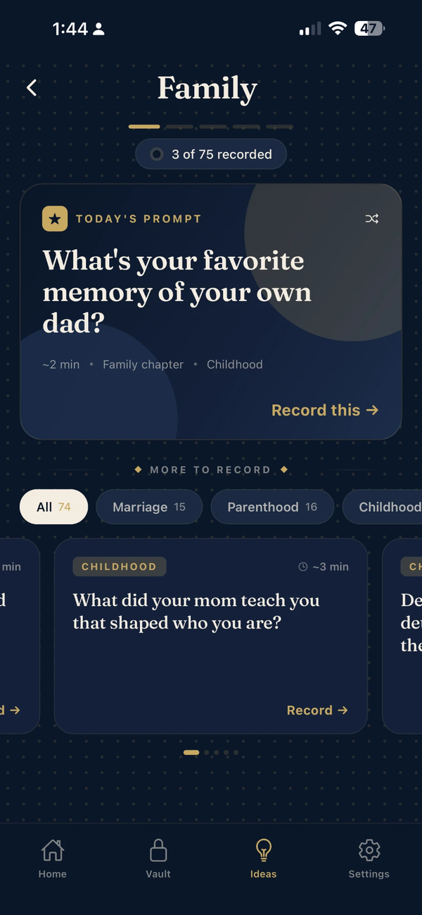 Guided story prompts and ideas in the Hey Dad app