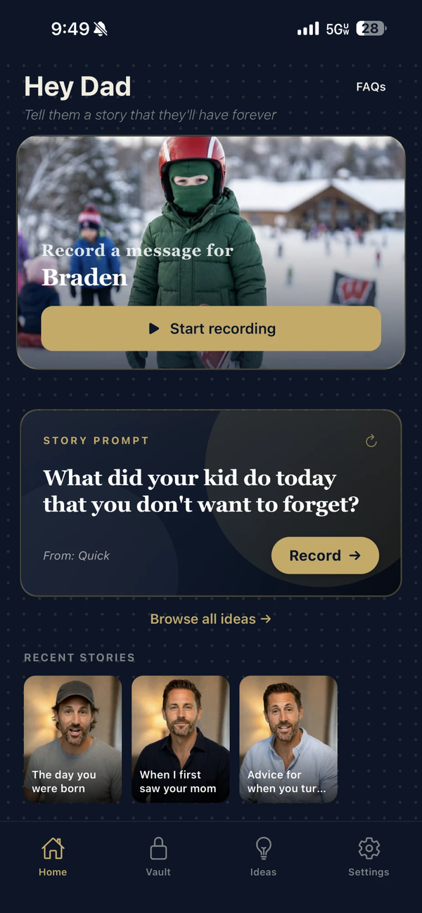 Recording a message for a child in the Hey Dad app